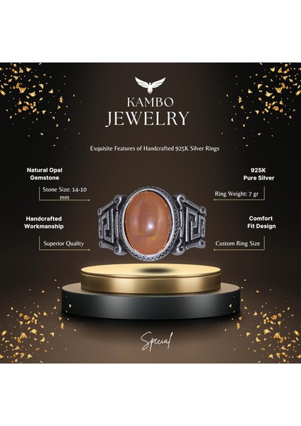 El Yapımı 925 Ayar Gümüş Erkek Yüzük ile Doğal Etiyopya Opali Taşı - Labirent Tasarımı fiyatları