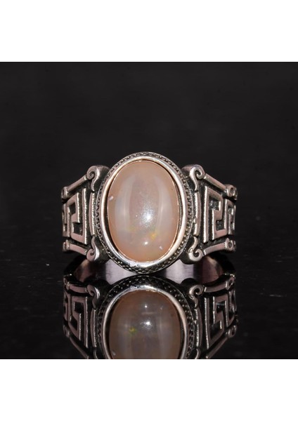 El Yapımı 925 Ayar Gümüş Erkek Yüzük ile Doğal Etiyopya Opali Taşı - Labirent Tasarımı fırsatları