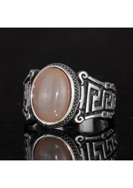 El Yapımı 925 Ayar Gümüş Erkek Yüzük ile Doğal Etiyopya Opali Taşı - Labirent Tasarımı indirimleri