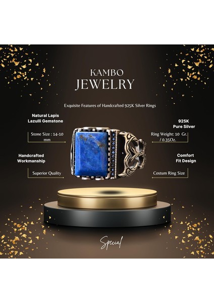El Yapımı Sterlin Gümüş Erkek Yüzük | Doğal Lapis Lazuli Taşı | Bilgelik ve Tasarımı fiyatları