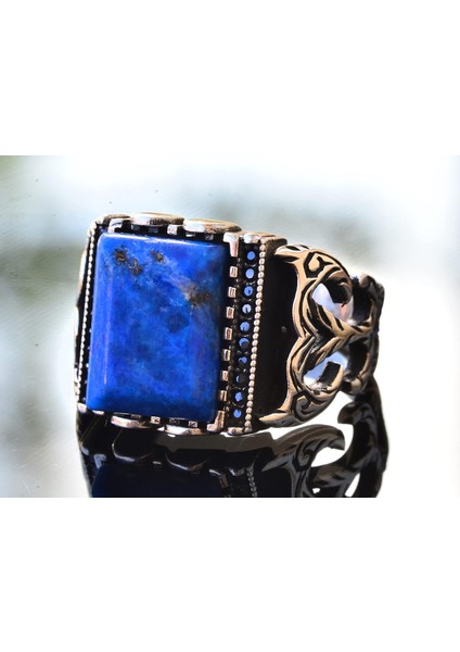 El Yapımı Sterlin Gümüş Erkek Yüzük | Doğal Lapis Lazuli Taşı | Bilgelik ve Tasarımı modelleri