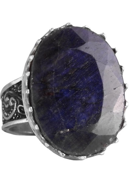 Doğal Taş Yüzük - 925 Ayar Gümüş Büyük Yüzük - El Yapımı Yüzük (Mavi Safir)