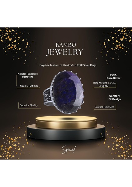 Doğal Taş Yüzük - 925 Ayar Gümüş Büyük Yüzük - El Yapımı Yüzük (Mavi Safir) fiyatları