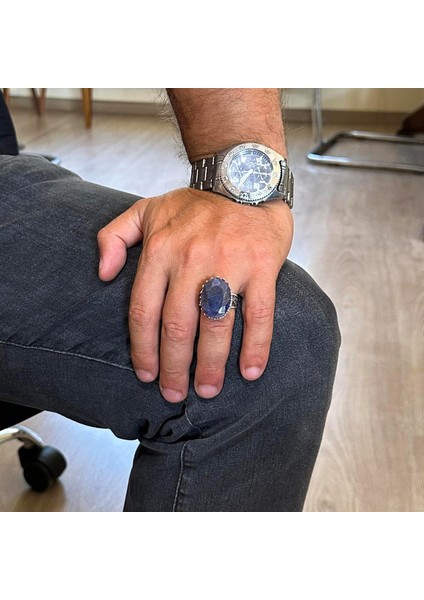Doğal Taş Yüzük - 925 Ayar Gümüş Büyük Yüzük - El Yapımı Yüzük (Mavi Safir) modelleri