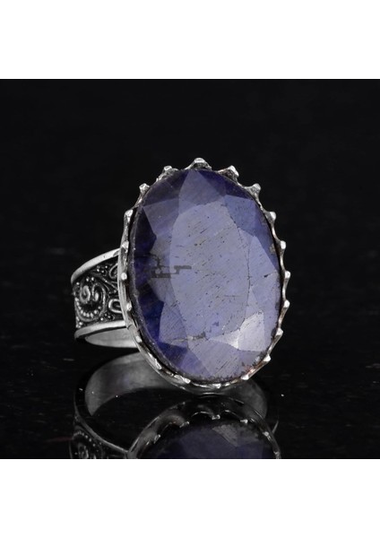 Doğal Taş Yüzük - 925 Ayar Gümüş Büyük Yüzük - El Yapımı Yüzük (Mavi Safir) indirimleri
