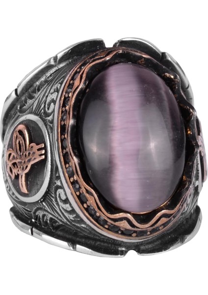 925 Ayar Katı Gümüş Erkek Yüzük, Ametist Kedi Gözü Doğal Taş Yüzük, Osmanlı Tuğra Yüzüğü, El Yapımı Zarafet