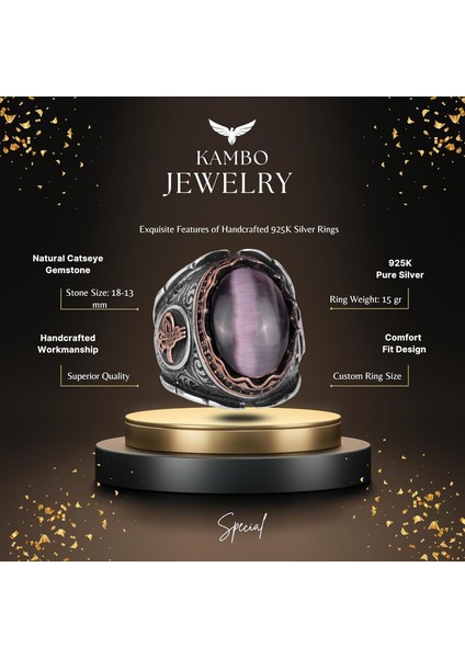 925 Ayar Katı Gümüş Erkek Yüzük, Ametist Kedi Gözü Doğal Taş Yüzük, Osmanlı Tuğra Yüzüğü, El Yapımı Zarafet fiyatları