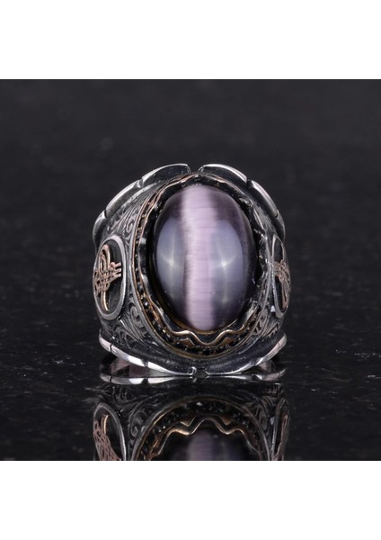 925 Ayar Katı Gümüş Erkek Yüzük, Ametist Kedi Gözü Doğal Taş Yüzük, Osmanlı Tuğra Yüzüğü, El Yapımı Zarafet modelleri