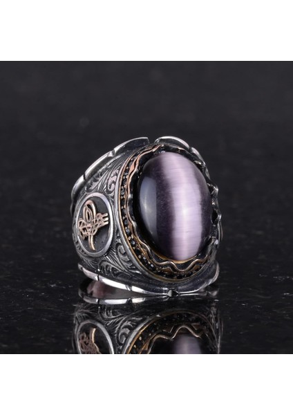 925 Ayar Katı Gümüş Erkek Yüzük, Ametist Kedi Gözü Doğal Taş Yüzük, Osmanlı Tuğra Yüzüğü, El Yapımı Zarafet fırsatları