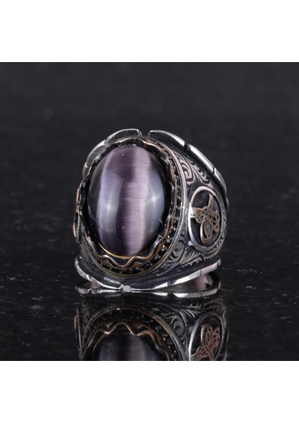 925 Ayar Katı Gümüş Erkek Yüzük, Ametist Kedi Gözü Doğal Taş Yüzük, Osmanlı Tuğra Yüzüğü, El Yapımı Zarafet indirimleri