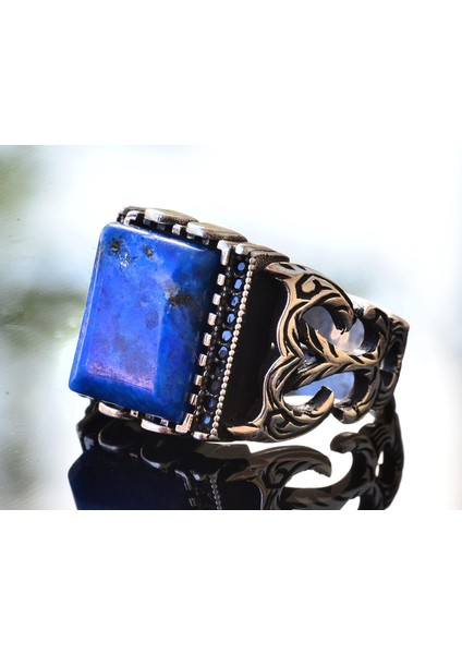 El Yapımı Sterlin Gümüş Erkek Yüzük | Doğal Lapis Lazuli Taşı | Bilgelik ve Tasarımı fırsatları