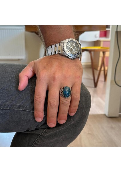 Doğal Taş El Yapımı Yüzük - 925 Ayar Gümüş El Yapımı Yüzük - Şık Farklı Yüzük (Azurit) modelleri