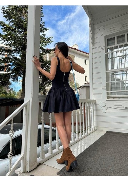 Hot Fashıon Kadın Eteği Volanlı Askılı Sırtı Açık Mini Kot Elbise fiyatları