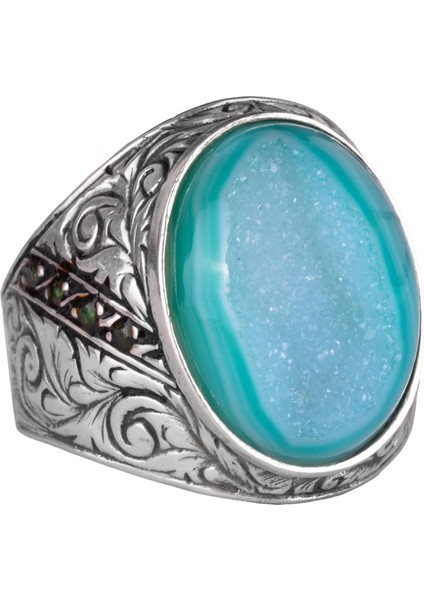 925 Ayar Gümüş Yüzük, Doğal Druzy Kuvars Taşı Yüzük, Büyük Yüzük