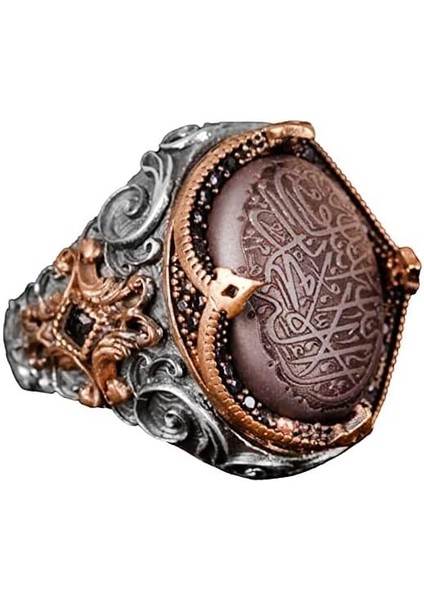 925 Ayar Gümüş Erkek Yüzük, Doğal Hematit Taşı, Vintage Islami Tevhid Tasarımı, Oymalı Hat Sanatı