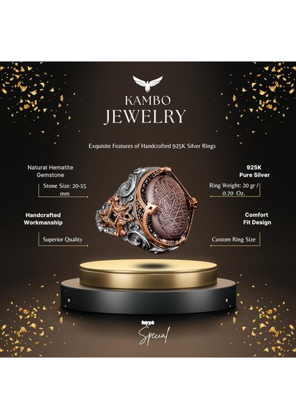 925 Ayar Gümüş Erkek Yüzük, Doğal Hematit Taşı, Vintage Islami Tevhid Tasarımı, Oymalı Hat Sanatı fiyatları
