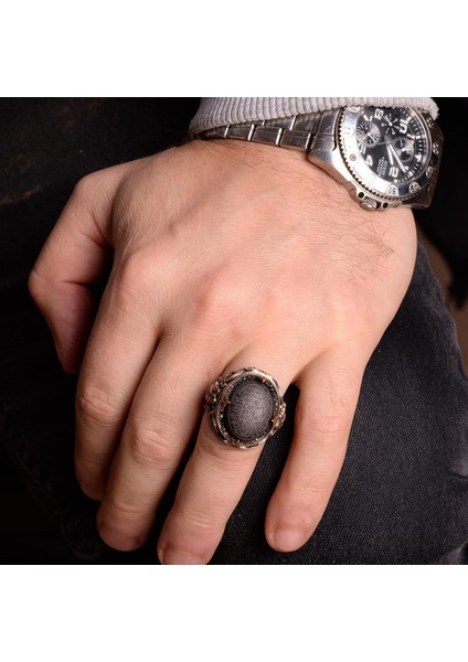 925 Ayar Gümüş Erkek Yüzük, Doğal Hematit Taşı, Vintage Islami Tevhid Tasarımı, Oymalı Hat Sanatı fırsatları