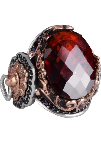 925 Ayar Gümüş Erkek Yüzük - Yapay Garnet Taşı - Aslan Sembolü El Yapımı Yüzük