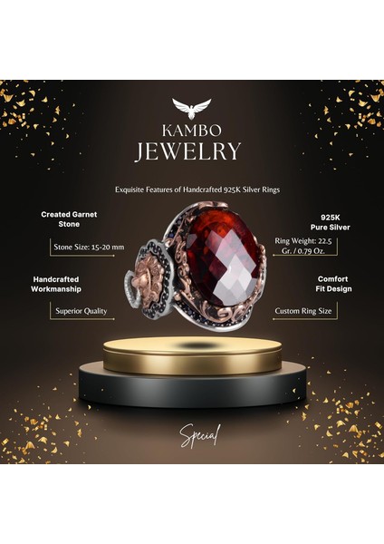 925 Ayar Gümüş Erkek Yüzük - Yapay Garnet Taşı - Aslan Sembolü El Yapımı Yüzük fiyatları