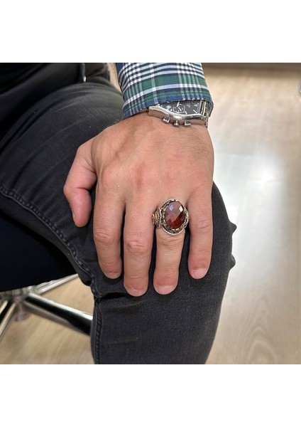 925 Ayar Gümüş Erkek Yüzük - Yapay Garnet Taşı - Aslan Sembolü El Yapımı Yüzük modelleri