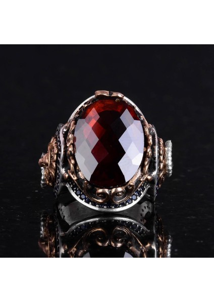 925 Ayar Gümüş Erkek Yüzük - Yapay Garnet Taşı - Aslan Sembolü El Yapımı Yüzük fırsatları