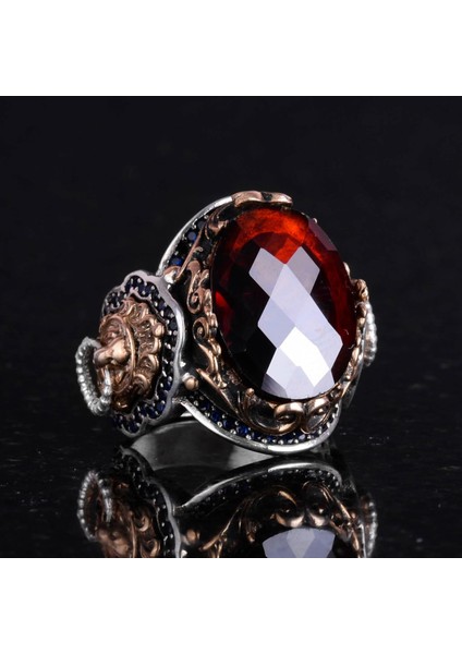 925 Ayar Gümüş Erkek Yüzük - Yapay Garnet Taşı - Aslan Sembolü El Yapımı Yüzük indirimleri