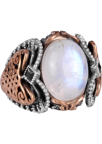 Doğal Ay Taşı Taş Yüzük, 925 Ayar Gümüş Erkek Yüzük, Ay Işığı Tasarımı