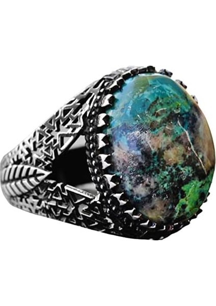 Doğal Turkuaz Taş Yüzük - Ince Işçilikli Erkek Yüzüğü - 925 Ayar Katı Gümüş Farklı Tasarım