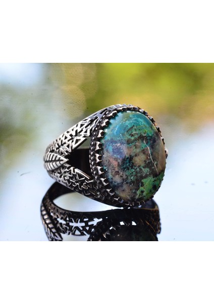 Doğal Turkuaz Taş Yüzük - Ince Işçilikli Erkek Yüzüğü - 925 Ayar Katı Gümüş Farklı Tasarım indirimleri
