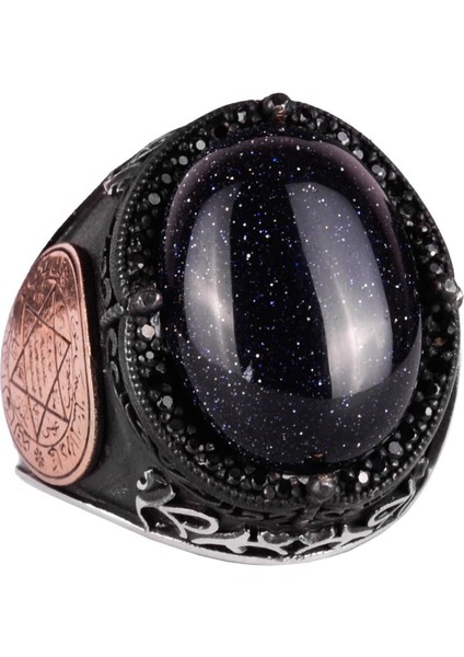 David Yıldızı Yüzük, Yapay Taş Yüzük, 925 Ayar Gümüş Süleyman Yüzüğü (Mavi Güneş Taşı Yapay Taş)