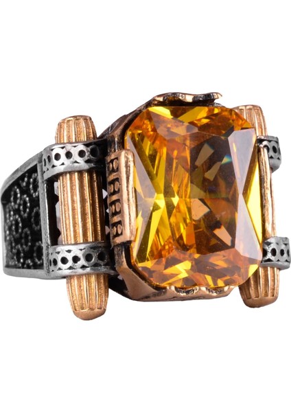 Citrine Yapay Taşlı Yüzük - 925 Ayar Gümüş El Yapımı Yüzük - Erkek Takı - Tasarım Gümüş Erkek Yüzüğü