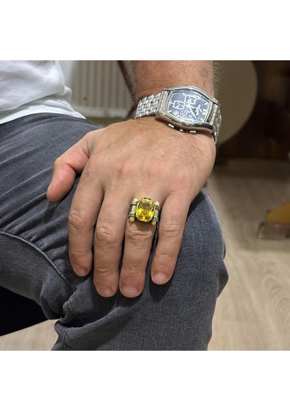 Citrine Yapay Taşlı Yüzük - 925 Ayar Gümüş El Yapımı Yüzük - Erkek Takı - Tasarım Gümüş Erkek Yüzüğü modelleri