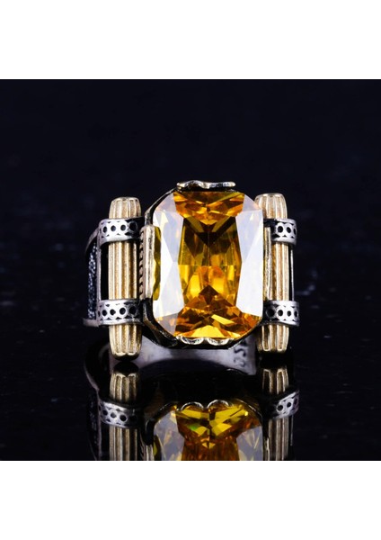 Citrine Yapay Taşlı Yüzük - 925 Ayar Gümüş El Yapımı Yüzük - Erkek Takı - Tasarım Gümüş Erkek Yüzüğü fırsatları