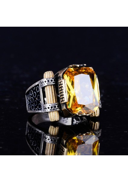 Citrine Yapay Taşlı Yüzük - 925 Ayar Gümüş El Yapımı Yüzük - Erkek Takı - Tasarım Gümüş Erkek Yüzüğü indirimleri