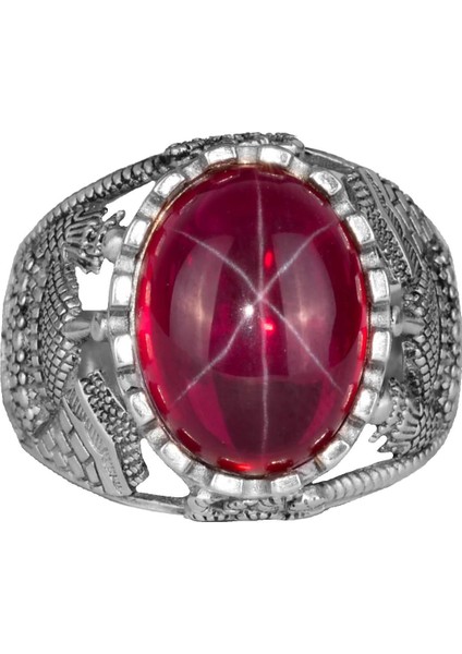 Doğal Yıldız Yakut Taşlı Yüzük, 925 Ayar Gümüş Erkek Yüzük