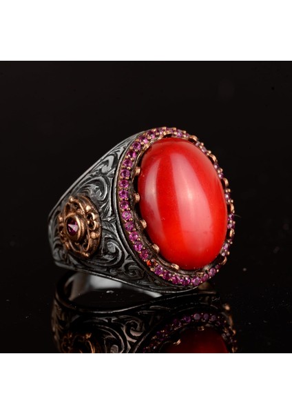 Doğal Koral Taş Yüzük, 925 Ayar Gümüş Yüzük, Oval Kırmızı Koral Yüzük fırsatları