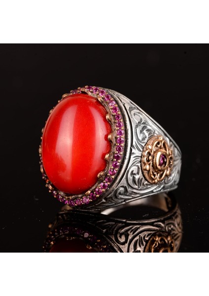 Doğal Koral Taş Yüzük, 925 Ayar Gümüş Yüzük, Oval Kırmızı Koral Yüzük indirimleri