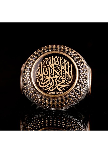925 Ayar Gümüş Erkek Yüzük - Kalima-I Tawhid Hat Yazısı - Dini Islami Takı modelleri