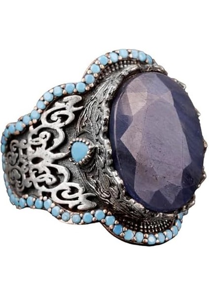 El Yapımı 925 Ayar Gümüş Erkek Yüzük - Doğal Taşlı (Safir)