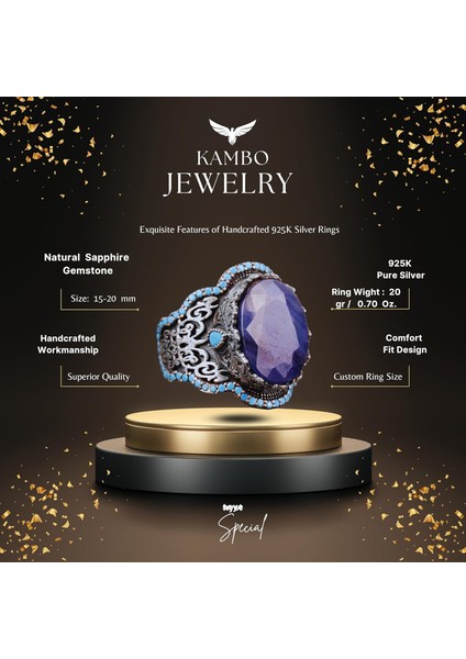 El Yapımı 925 Ayar Gümüş Erkek Yüzük - Doğal Taşlı (Safir) fiyatları