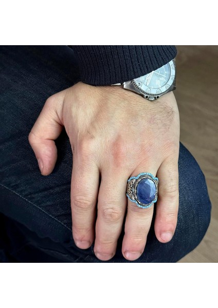 El Yapımı 925 Ayar Gümüş Erkek Yüzük - Doğal Taşlı (Safir) modelleri