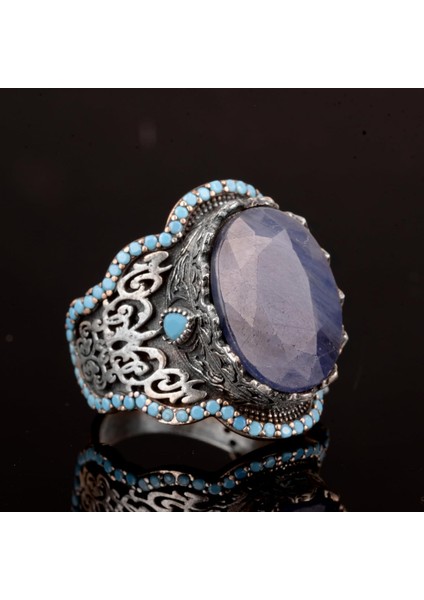 El Yapımı 925 Ayar Gümüş Erkek Yüzük - Doğal Taşlı (Safir) fırsatları