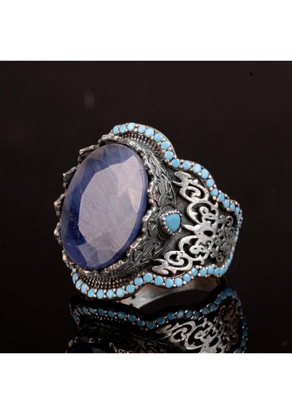 El Yapımı 925 Ayar Gümüş Erkek Yüzük - Doğal Taşlı (Safir) indirimleri