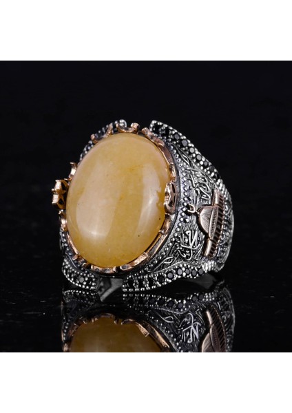 Mescidi Aksa Doğal Sarı Akik Taş Yüzük, 925 Ayar Gümüş Yüzük Erkekler Için indirimleri