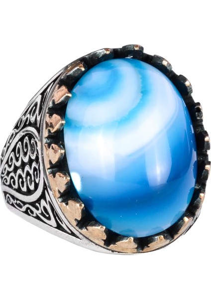 925 Ayar Saf Gümüş Erkek Yüzük - Doğal Taşlarla El Yapımı Şıklık (Mavi Akik Taşı)