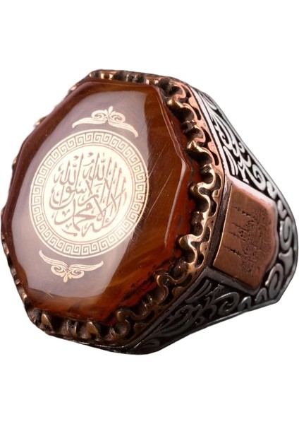 Erkekler Için 925 Ayar Gümüş Yüzük, Amber Taşı, Islami Kelime-I Tevhid Yüzük, Müslüman Hediyesi, Dini Yüzük