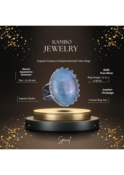 Doğal Taş Yüzük - 925 Ayar Gümüş Büyük Yüzük - El Yapımı Yüzük (Aquamarine) fiyatları