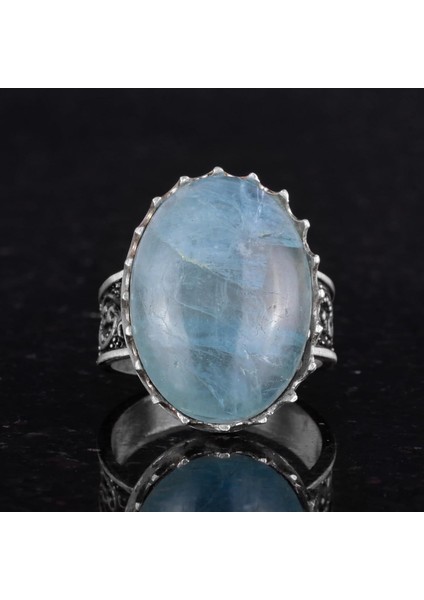 Doğal Taş Yüzük - 925 Ayar Gümüş Büyük Yüzük - El Yapımı Yüzük (Aquamarine) fırsatları