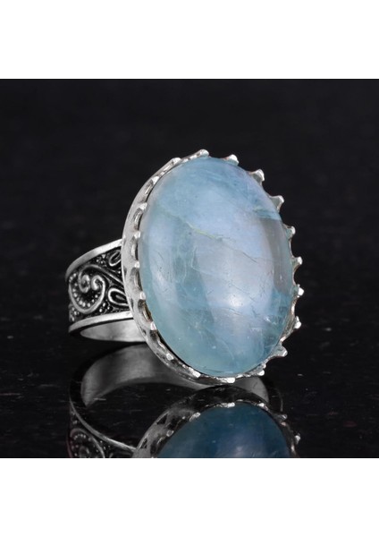 Doğal Taş Yüzük - 925 Ayar Gümüş Büyük Yüzük - El Yapımı Yüzük (Aquamarine) indirimleri