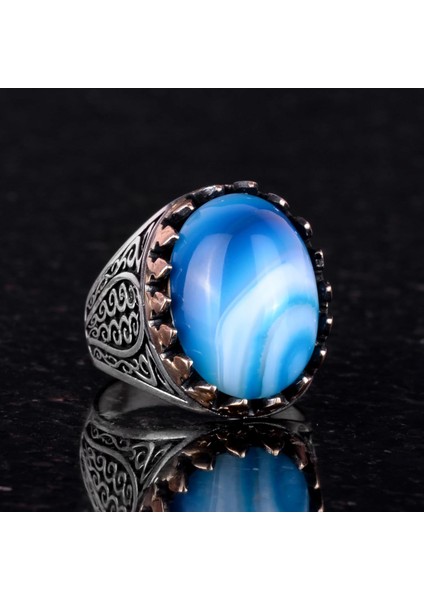 925 Ayar Saf Gümüş Erkek Yüzük - Doğal Taşlarla El Yapımı Şıklık (Mavi Akik Taşı) fiyatları